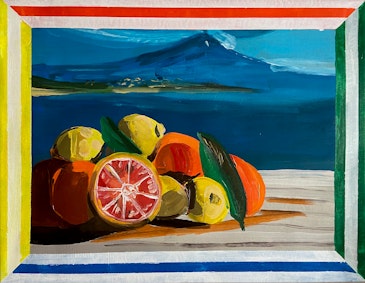 Zonnende citroenen, appelsienen en pompelmoezen en 2 fiere limoengroene bodyguards aan de Ionische Zee met een snurkende Etna als achtergrondmuziek