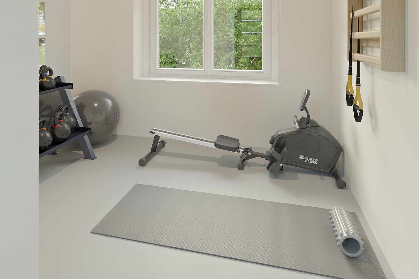 Fitness studio in Antwerp Meir location, with a rowing machine and weights