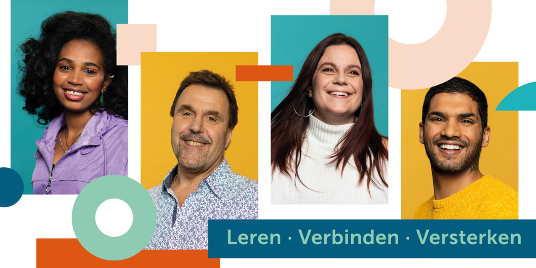 4 portretten en de slogan "Leren, verbinden, versterken"