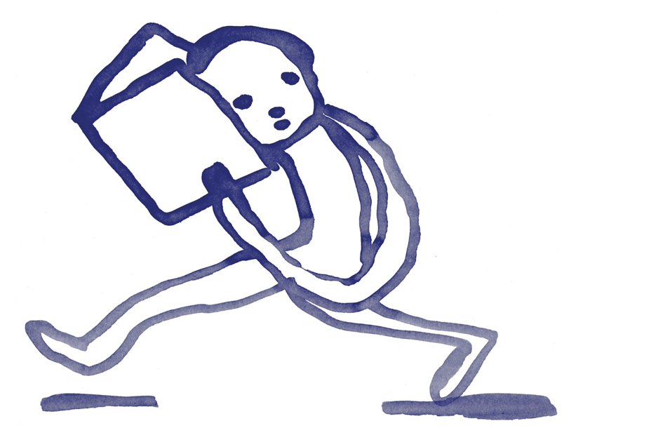 Tekening van iemand die doet alsof hij leest, maar zich ook schatmt