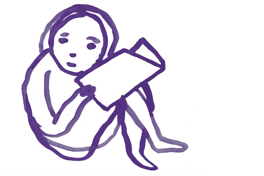 Een tekening van iemand die doet alsof ze een boek leest