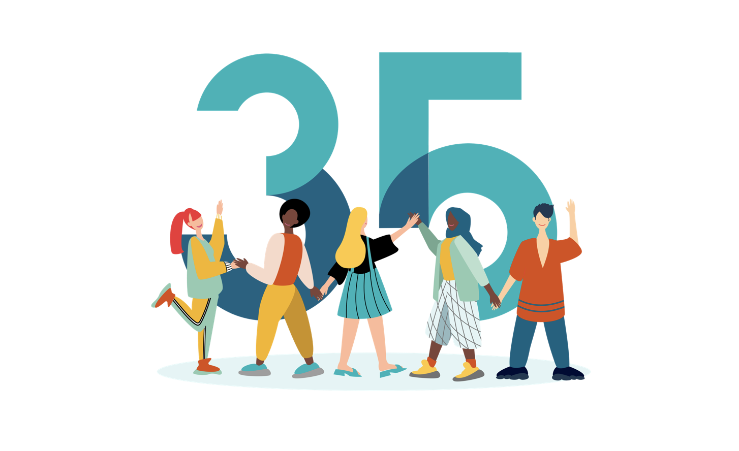 illustratie van vrolijke mensen die dansen voor een groot cijfer 35, het beeldmerk voor 35 jaar Ligo
