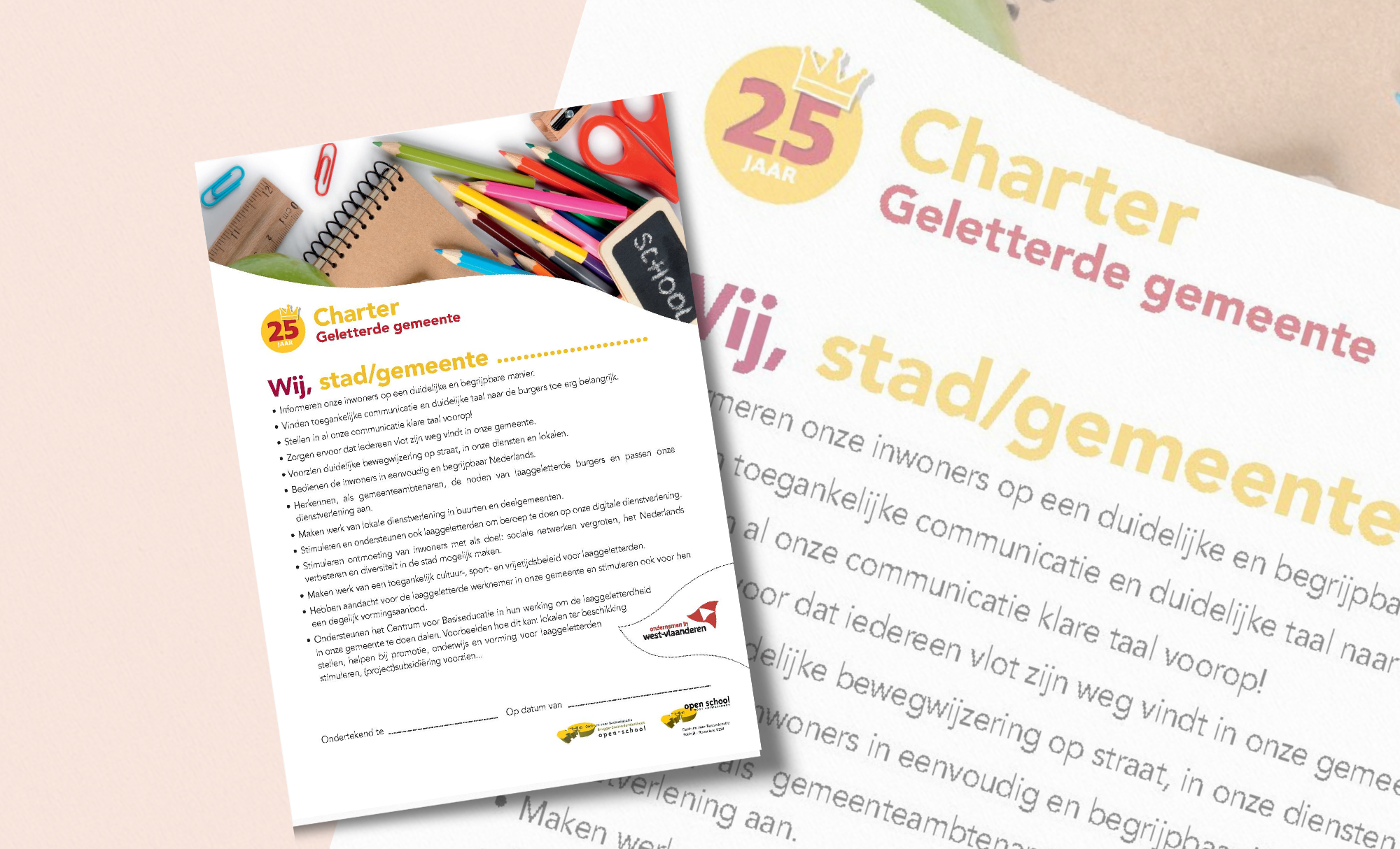 afbeelding van het Charter Geletterde Gemeente 2016 met kleurpotloden en de tekst 'Wij, stad/gemeente' op het formulier