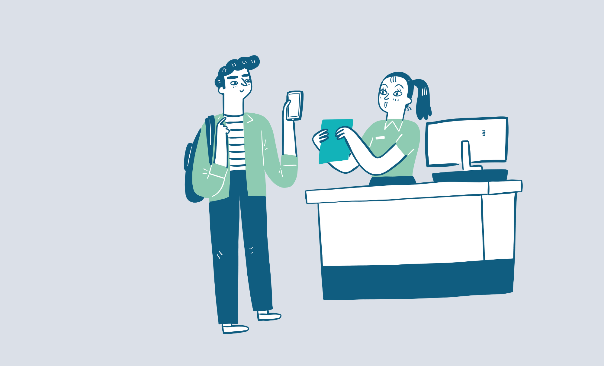 illustratie van een man met een rugzak die aan een loket staat met zijn smartphone en een baliemedewerkster die hem helpt