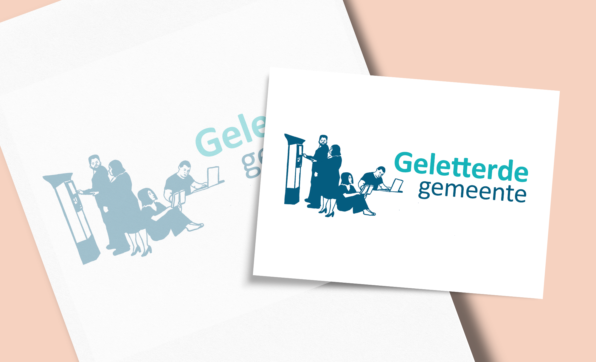 illustratie van een witte kaart met blauwe silhouetten van mensen die met verschillende media bezig zijn en de tekst 'Geletterde gemeente'