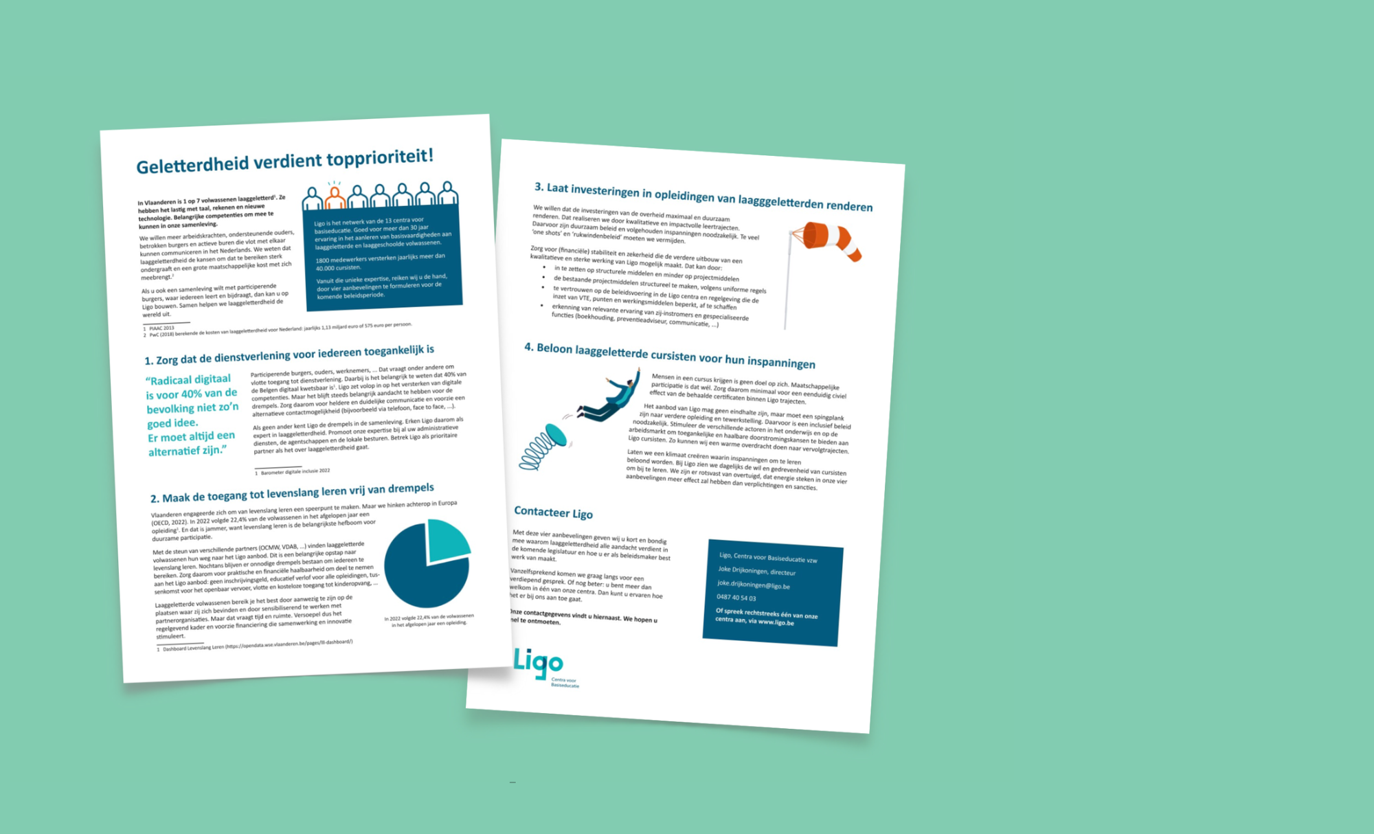 twee witte pagina's met tekst, grafieken en illustraties op een groene achtergrond, onderdeel van een memorandum over geletterdheid