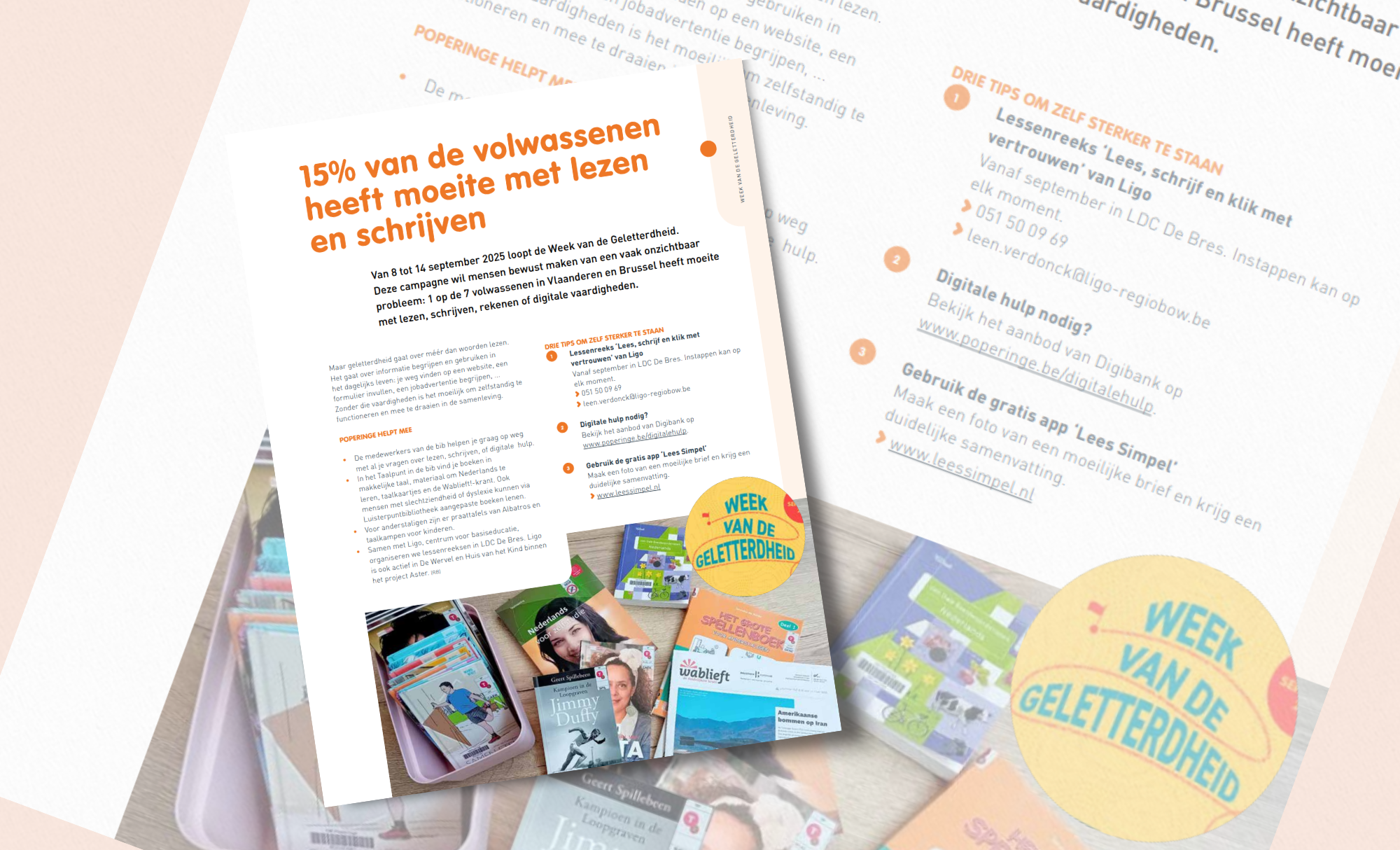 foto van een magazine met de titel '15% van de volwassenen heeft moeite met lezen en schrijven' en andere brochures en buttons van de Week van de Geletterdheid