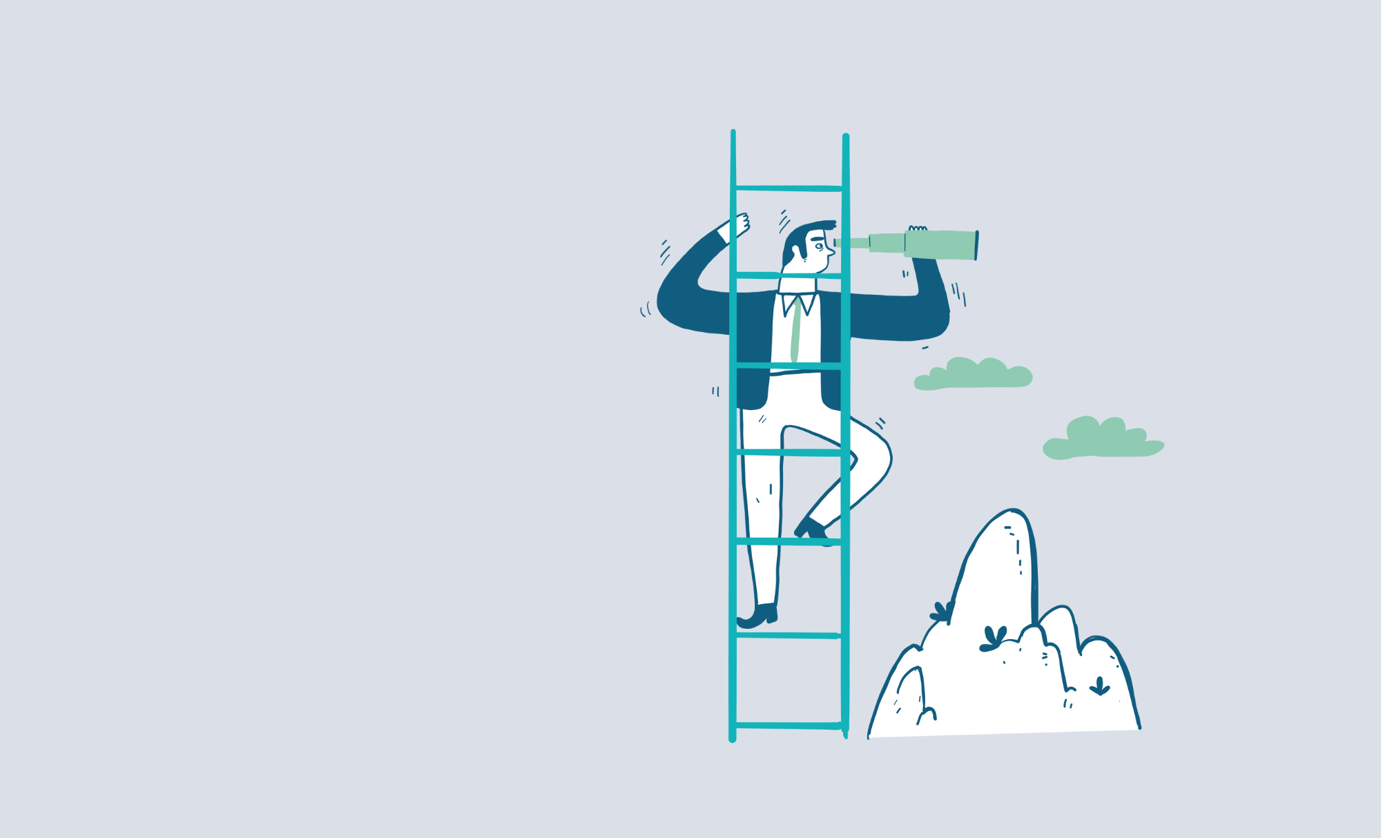 illustratie van een persoon die een ladder beklimt en door een verrekijker kijkt boven op een berg