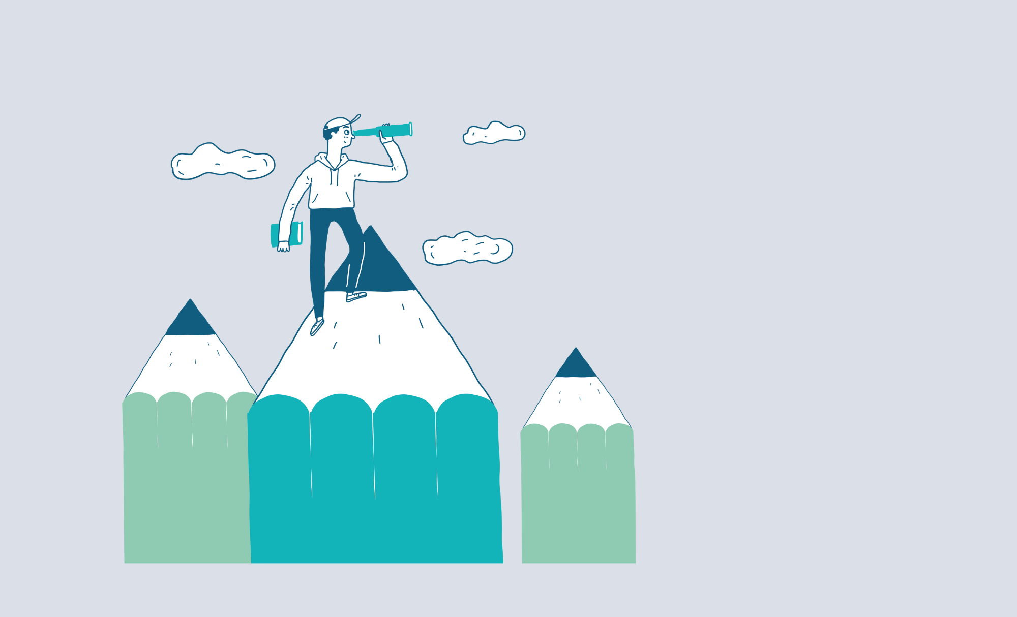 illustratie van drie reuzenpotloden als bergen waar een man op de top van een potlood staat te kijken door een verrekijker