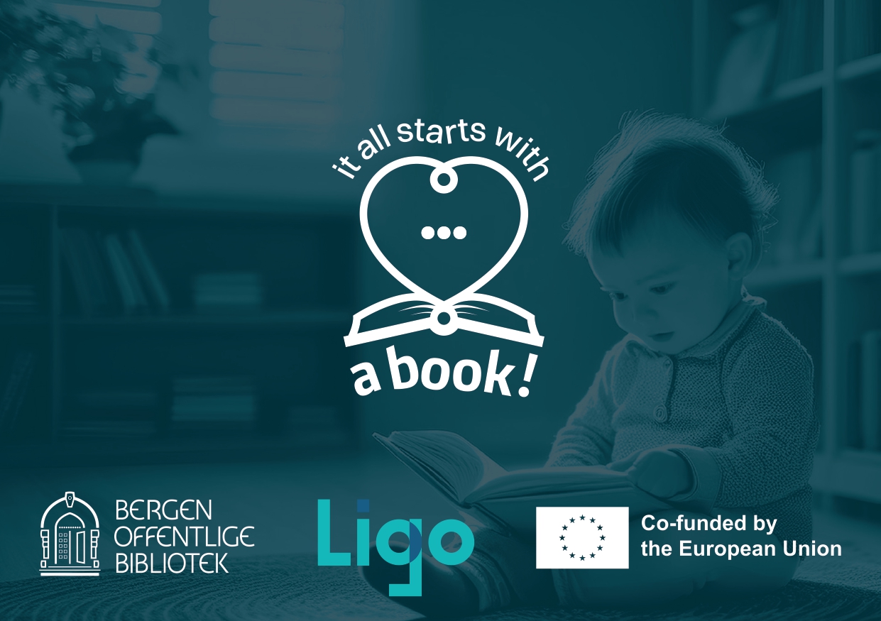 blauwe afbeelding met een baby die een boek leest, het logo 'it all starts with a book' en de logos van Bergen openbare bibliotheek, Ligo en de Europese Unie