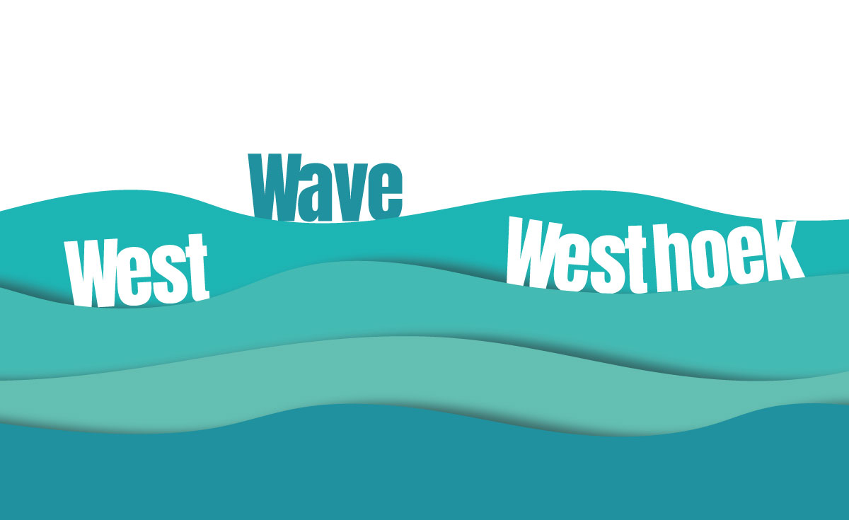 grafisch ontwerp met gestileerde golven en de woorden 'West Wave Westhoek' in witte letters
