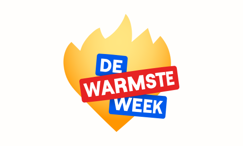 logo van De Warmste Week met een vlam en de tekst 'de warmste week' in blauwe en rode blokken