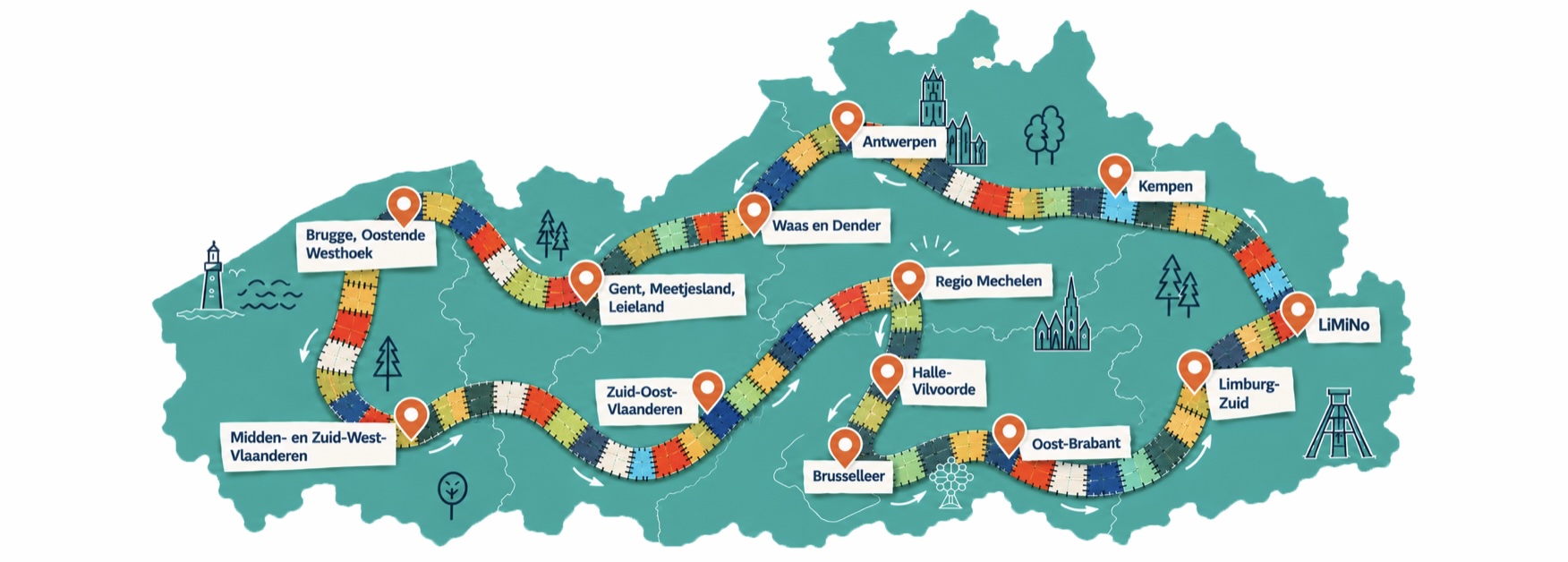 Kaart van Vlaanderen met de route van het Ligo deken, langs alle Ligo-centra