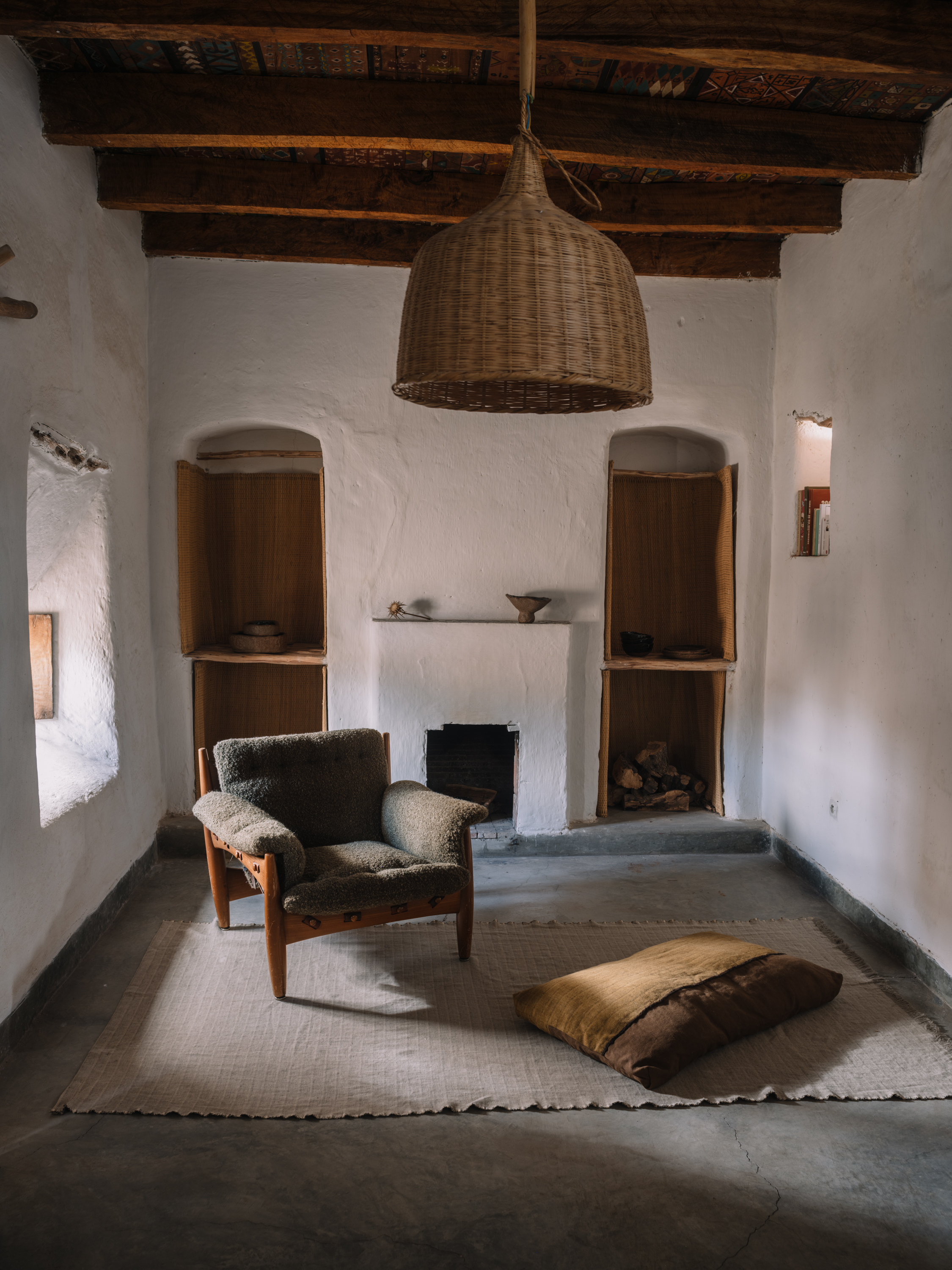 One seater SHIBUI YP26006, Cushion LETI YP26005, GRAVITAS YP26008 Carpet LETI YP26002, photographed in Studio KO's traditional Moroccan farm for the Azimuth 2026 fabric collection by Designs of the Time