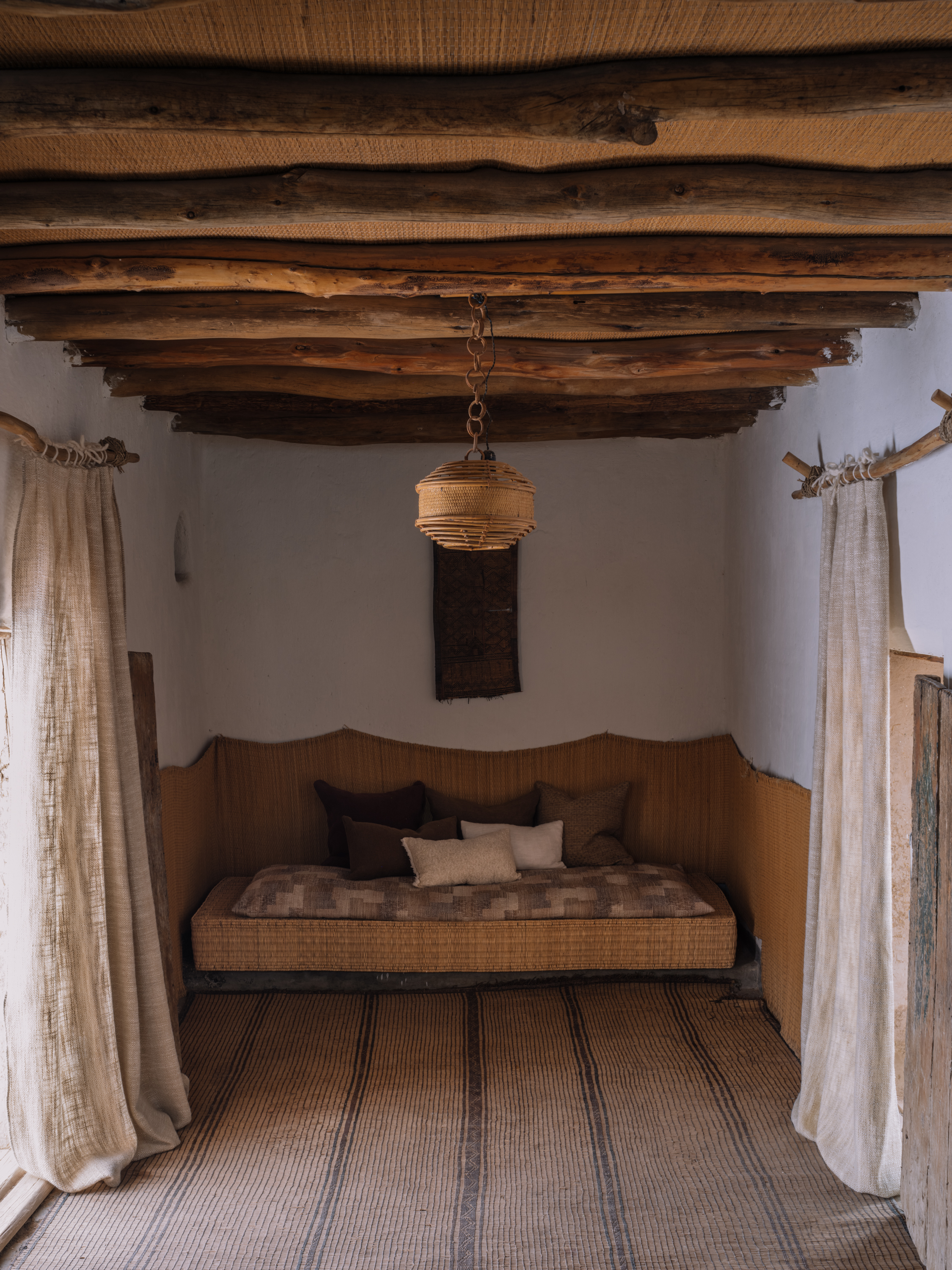 Base cushion MANDUKA YP26004, Cushions KATHIKA YP26017, YP26013, YP26014 ORION YP26004, MAKI YP26001, RIJU YP26003, photographed in Studio KO's traditional Moroccan farm for the Azimuth 2026 fabric collection by Designs of the Time