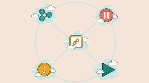 illustratie van de vijf pijlers: Connection, Pause, Play, Download en Share.