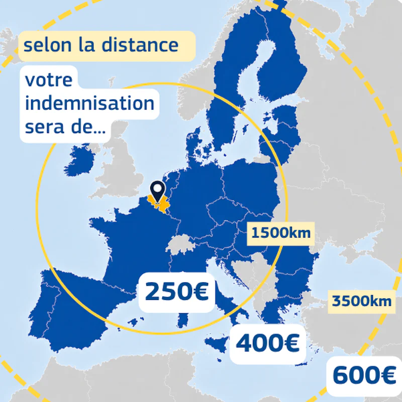 carte d'Europe avec Bruxelles au centre de cercles