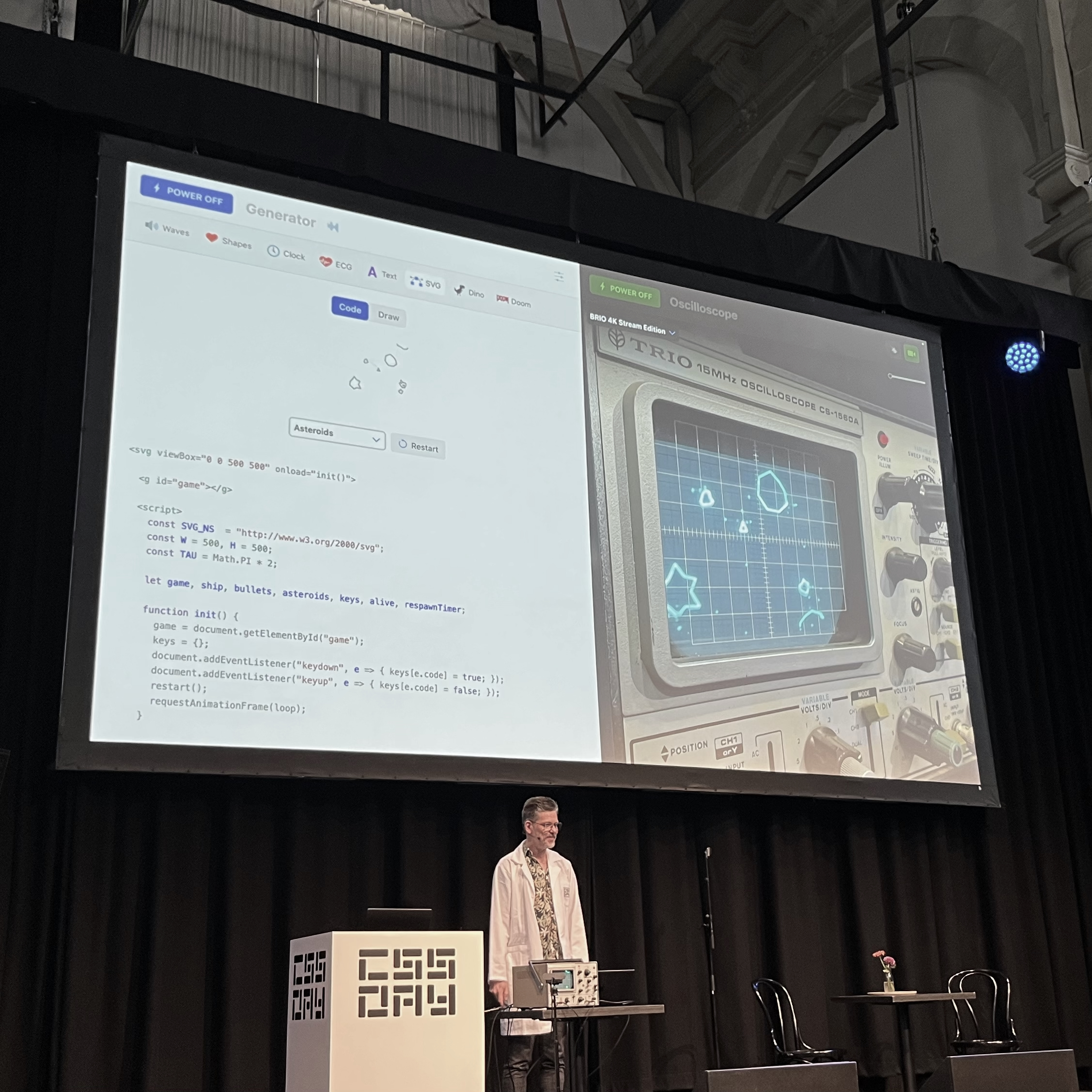 Niels Leenheer converts CSS and SVG shapes into series of X and Y coordinates that can be send to an oscilloscope or laser projector. Currently showing him playing the classic game Astroids on an oscilloscope.