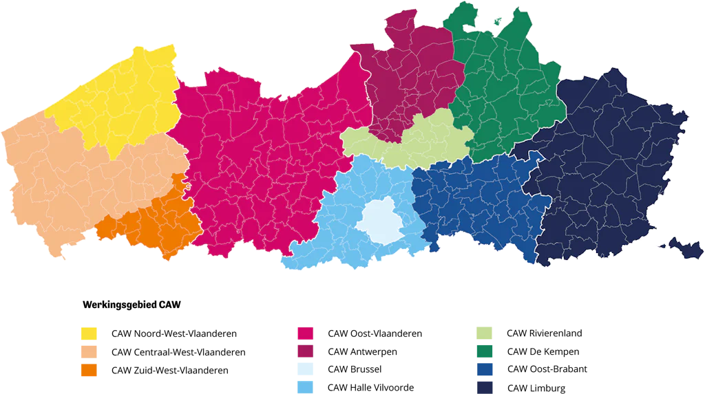 Kaart met overzicht van alle CAW-regio's in Vlaanderen.