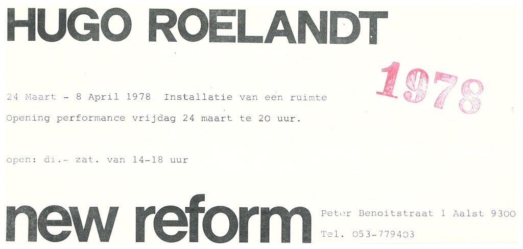 Uitnodiging installatie en performance Hugo Roelandt, New Reform Gallery, Aalst, 1978.
